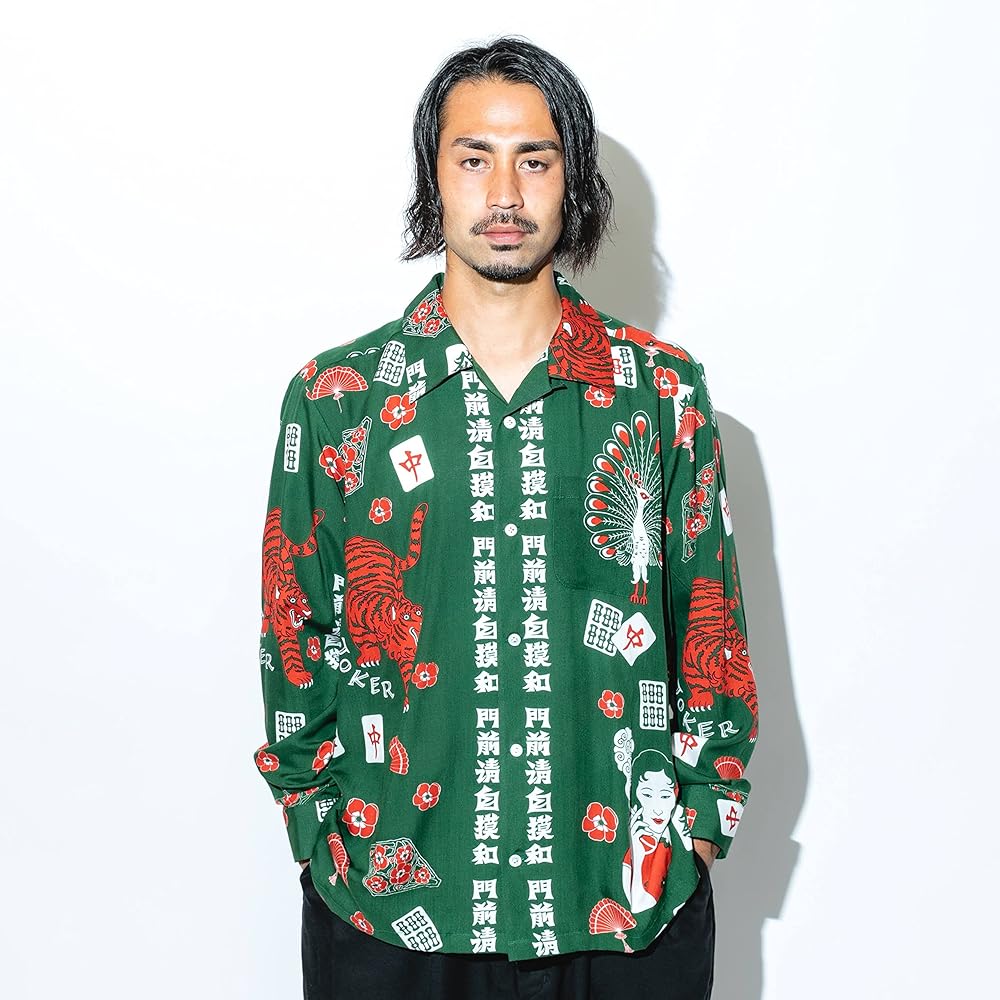 Eanbe いあんべ 麻雀 / GREEN アロハシャツ ハワイアンアロハ　沖縄 Eanbe/イアンベ/麻雀 L/S SHIRT/麻雀ロングスリーブアロハシャツ
